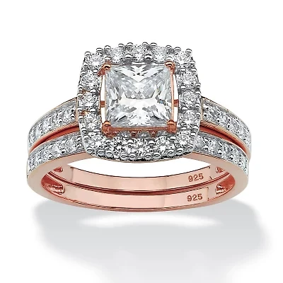 2.15 Cttw. 2-Pc. Rose Gold-plated Silver Princess-Cut CZ Halo Bridal Set