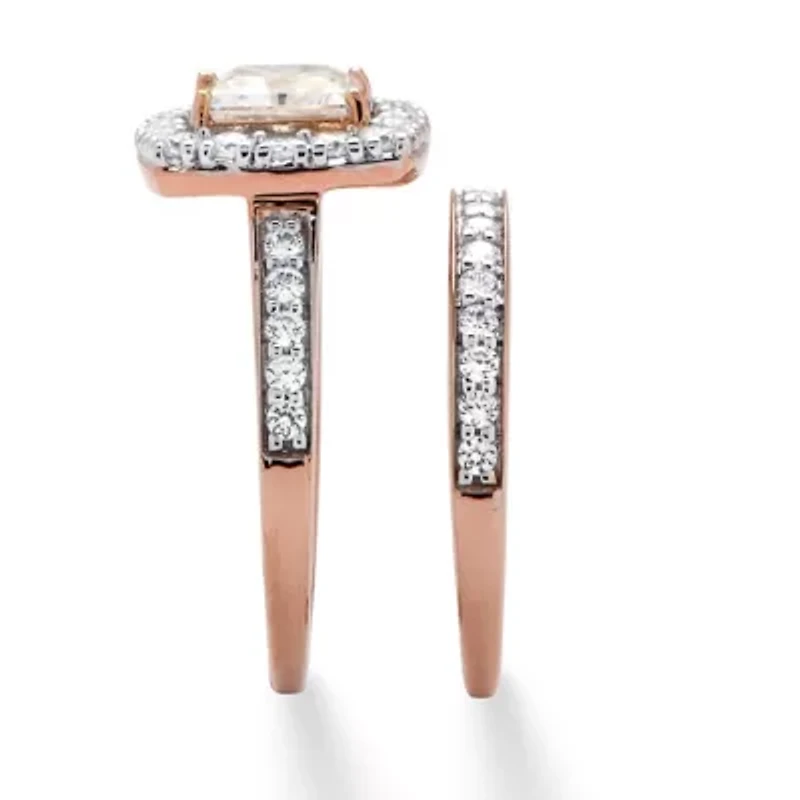 2.15 Cttw. 2-Pc. Rose Gold-plated Silver Princess-Cut CZ Halo Bridal Set