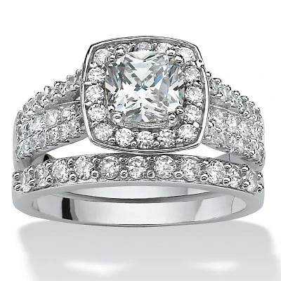 2.62 TCW CZ 2-Piece Halo Bridal Ring Set Platinum-plated Sterling Silver