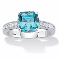 1.89 Ctw Cushion-Cut Blue and White Cubic Zirconia Sterling Silver Milgrain Ring
