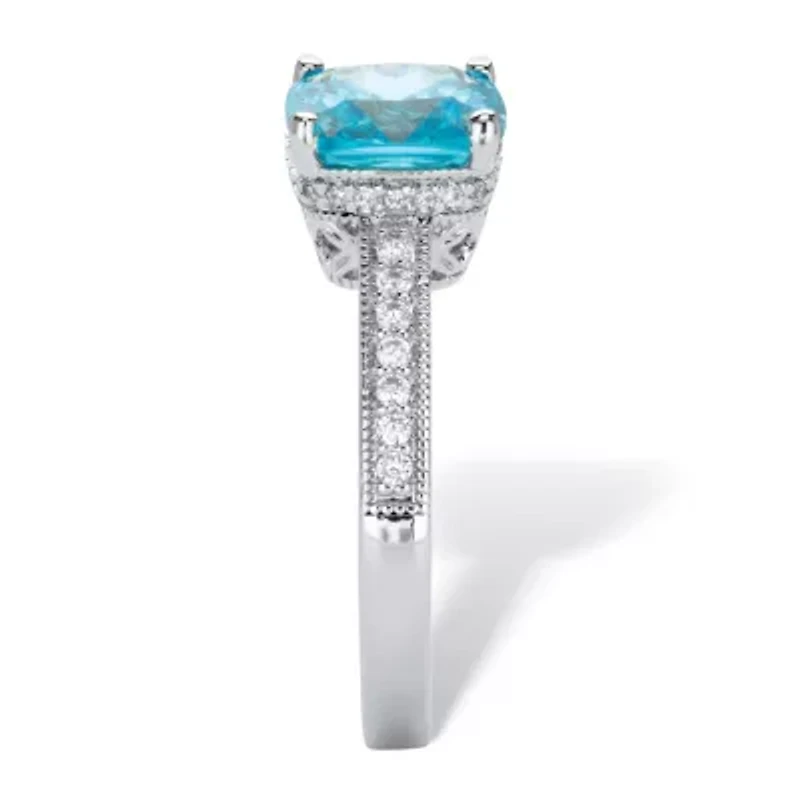 1.89 Ctw Cushion-Cut Blue and White Cubic Zirconia Sterling Silver Milgrain Ring