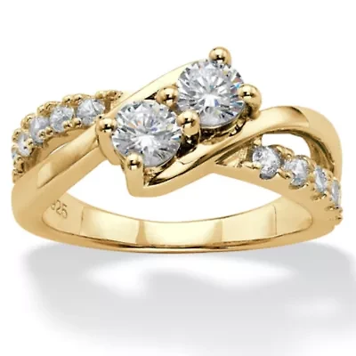 1.20 Cttw. Cubic Zirconia 14k Gold-plated Silver 2-Stone Engagement Ring