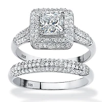 2 Piece 1.67 TCW CZ Halo Bridal Ring Set Platinum-plated Sterling Silver