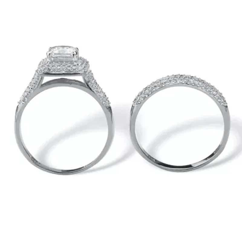 2 Piece 1.67 TCW CZ Halo Bridal Ring Set Platinum-plated Sterling Silver