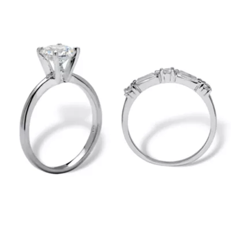 2.06 Cttw. Cubic Zirconia Sterling Silver Solitaire 2-Piece Wedding Ring Set