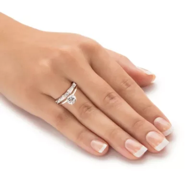 2.06 Cttw. Cubic Zirconia Sterling Silver Solitaire 2-Piece Wedding Ring Set