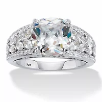 4.35 Cttw. Cushion-Cut Cubic Zirconia Platinum-plated Silver Engagement Ring