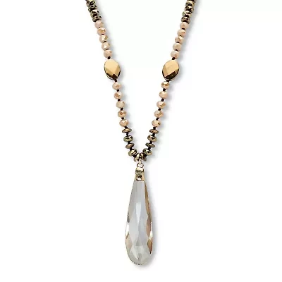 Brown Faceted Crystal Pendant Goldtone Drop Necklace 32-inch