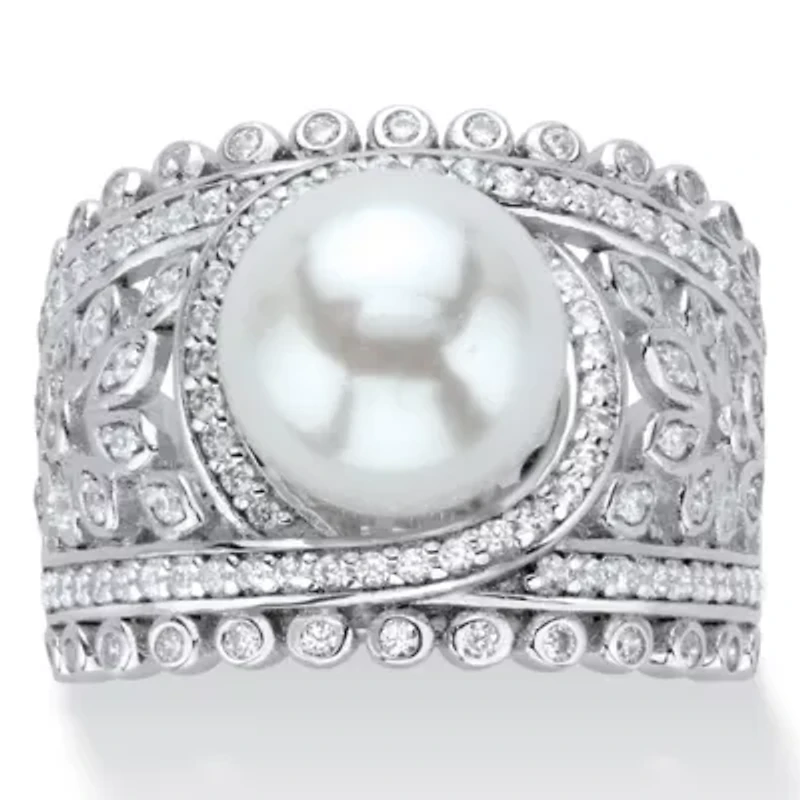 .65 Cttw. Platinum-plated Sterling Silver Simulated Pearl and CZ Floral Ring