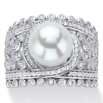 .65 Cttw. Platinum-plated Sterling Silver Simulated Pearl and CZ Floral Ring