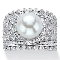 .65 Cttw. Platinum-plated Sterling Silver Simulated Pearl and CZ Floral Ring