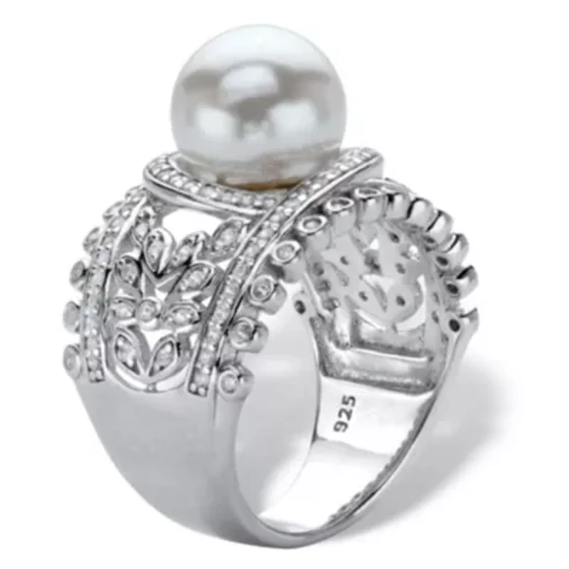 .65 Cttw. Platinum-plated Sterling Silver Simulated Pearl and CZ Floral Ring