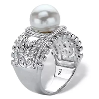 .65 Cttw. Platinum-plated Sterling Silver Simulated Pearl and CZ Floral Ring