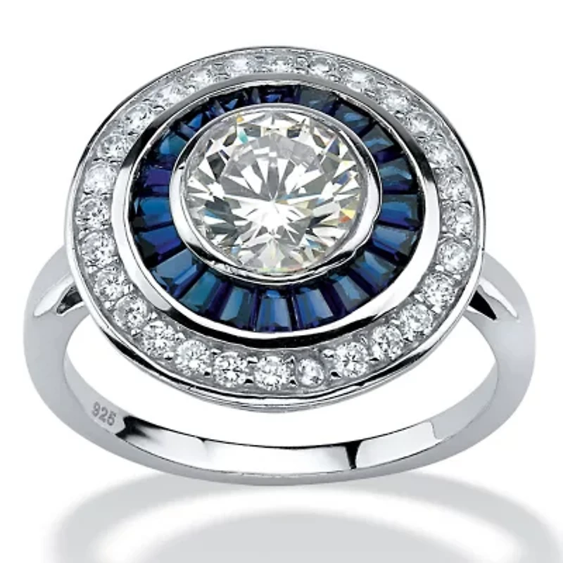 3.46 TCW Round CZ and Sapphire Circle Ring Platinum-plated Sterling Silver