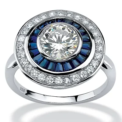 3.46 TCW Round CZ and Sapphire Circle Ring Platinum-plated Sterling Silver
