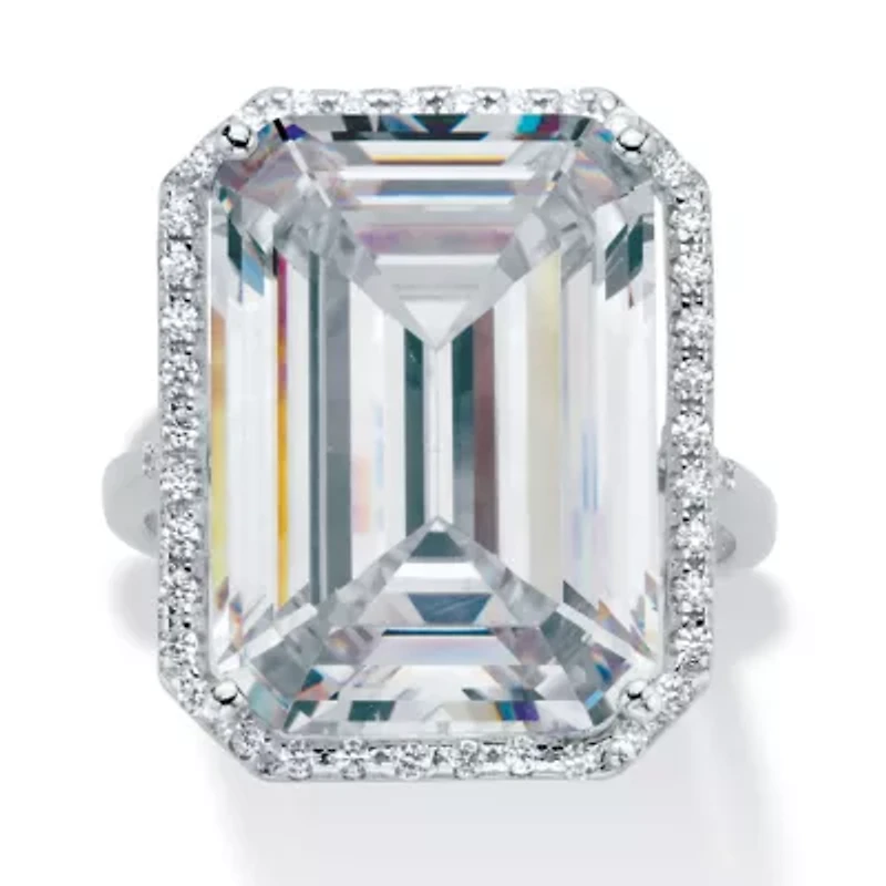 19.57 TCW Emerald-Cut Cubic Zirconia Platinum-plated Sterling Silver Halo Ring