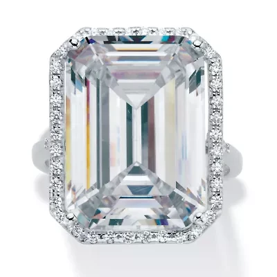 19.57 TCW Emerald-Cut Cubic Zirconia Platinum-plated Sterling Silver Halo Ring