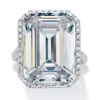 19.57 TCW Emerald-Cut Cubic Zirconia Platinum-plated Sterling Silver Halo Ring