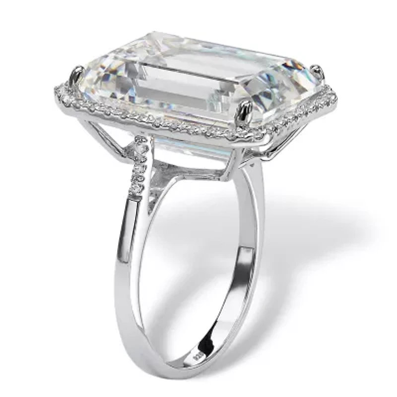 19.57 TCW Emerald-Cut Cubic Zirconia Platinum-plated Sterling Silver Halo Ring