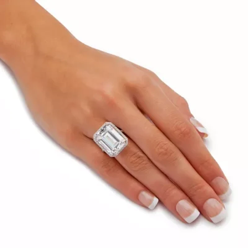 19.57 TCW Emerald-Cut Cubic Zirconia Platinum-plated Sterling Silver Halo Ring