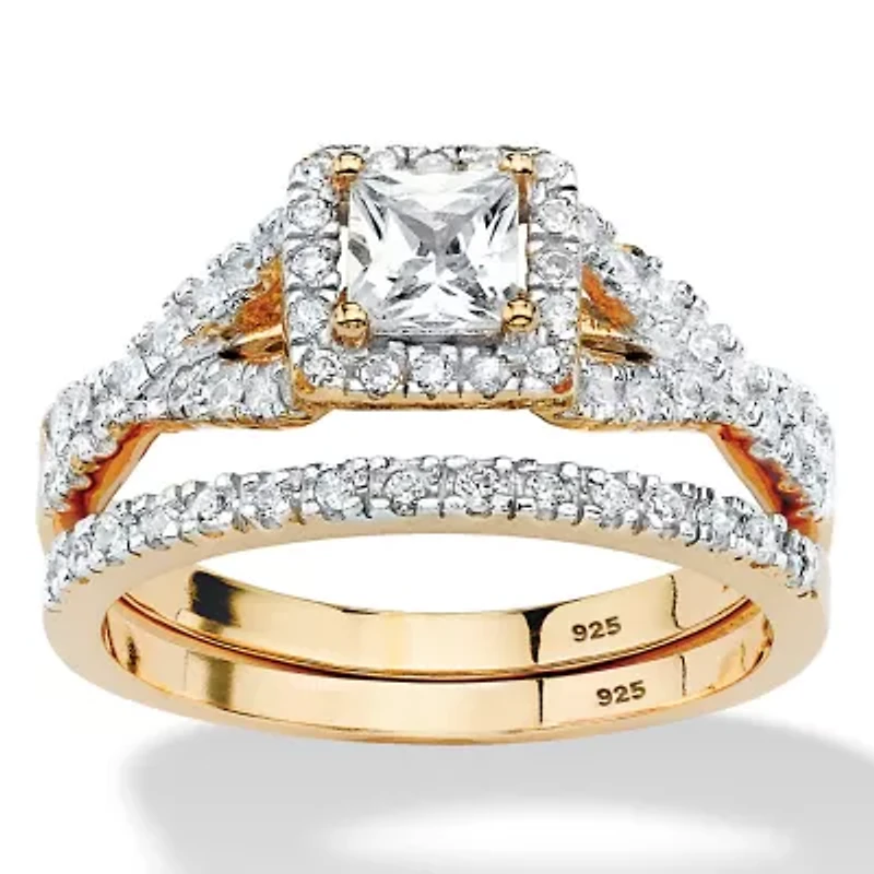 .97 TCW Princess-Cut CZ 2-Pc. Halo Bridal Set Gold-Plated Sterling Silver