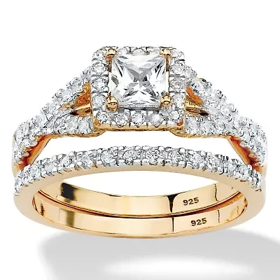 .97 TCW Princess-Cut CZ 2-Pc. Halo Bridal Set Gold-Plated Sterling Silver