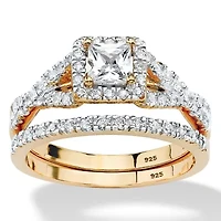 .97 TCW Princess-Cut CZ 2-Pc. Halo Bridal Set Gold-Plated Sterling Silver