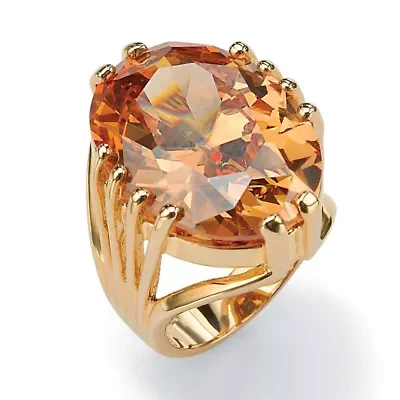 24.02 Carat Oval Cut Champagne-Color Cubic Zirconia Yellow Gold-Plated Ring