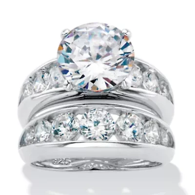 6.09 Cttw. Round Cubic Zirconia Silvertone 2-Piece Channel-Set Bridal Ring Set