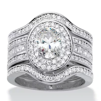 2.60 Cttw. Oval Cubic Zirconia Platinum-Plated Halo Scalloped Wedding Ring Set