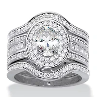 2.60 Cttw. Oval Cubic Zirconia Platinum-Plated Halo Scalloped Wedding Ring Set