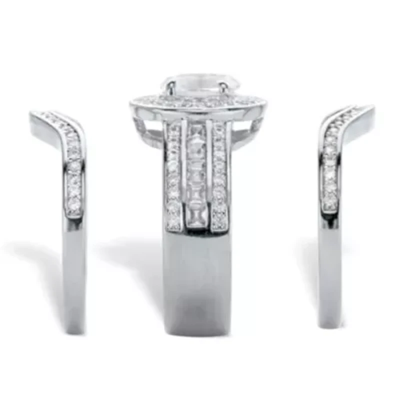 2.60 Cttw. Oval Cubic Zirconia Platinum-Plated Halo Scalloped Wedding Ring Set