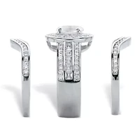 2.60 Cttw. Oval Cubic Zirconia Platinum-Plated Halo Scalloped Wedding Ring Set
