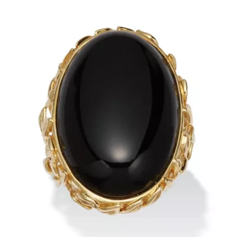 Oval Genuine Black Agate 18k Yellow Gold Cabochon Ring