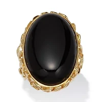 Oval Genuine Black Agate 18k Yellow Gold Cabochon Ring
