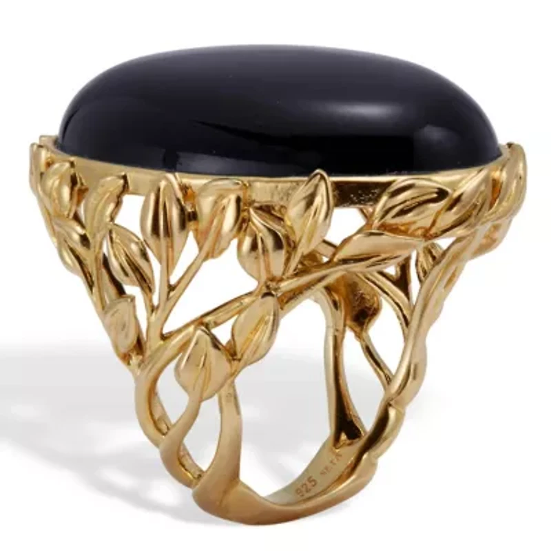 Oval Genuine Black Agate 18k Yellow Gold Cabochon Ring