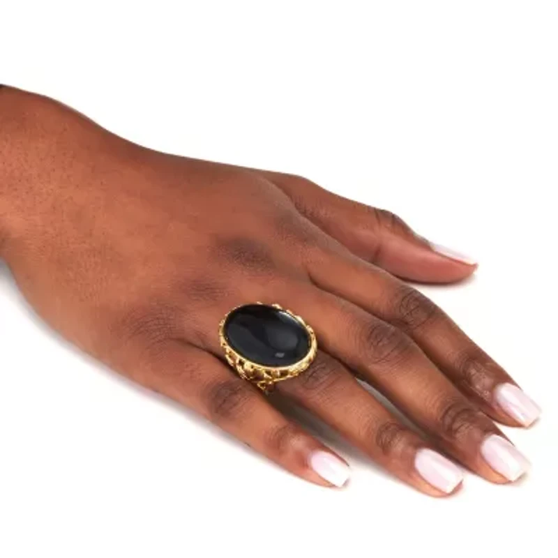 Oval Genuine Black Agate 18k Yellow Gold Cabochon Ring