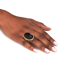 Oval Genuine Black Agate 18k Yellow Gold Cabochon Ring