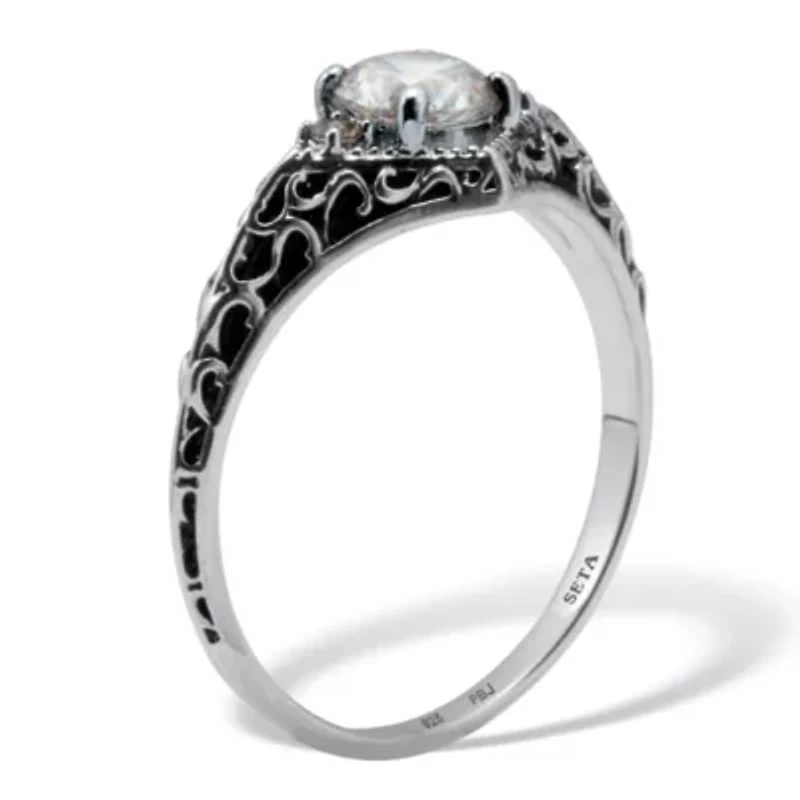 .75 TCW Round Cubic Zirconia Antiqued Sterling Silver Filigree Ring