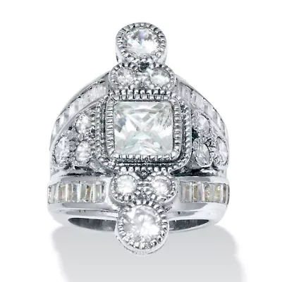 7.32 TCW Princess Cut Cubic Zirconia Silvertone Vintage-Inspired Cocktail Ring