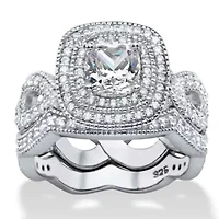 1.92 Cttw. Cubic Zirconia Platinum Plated Silver 2 Piece Halo Bridal Ring Set