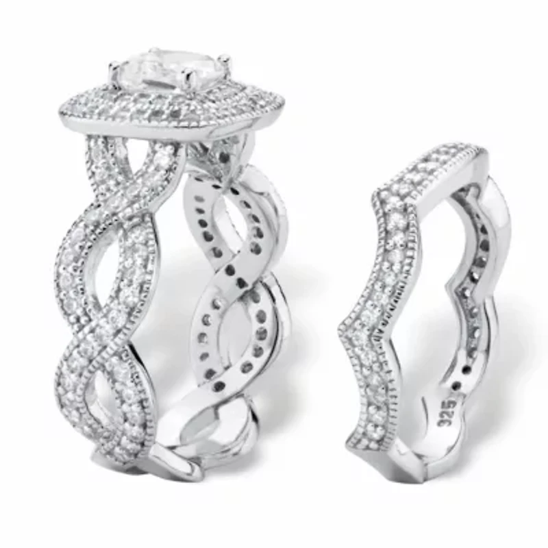 1.92 Cttw. Cubic Zirconia Platinum Plated Silver 2 Piece Halo Bridal Ring Set