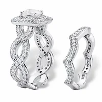 1.92 Cttw. Cubic Zirconia Platinum Plated Silver 2 Piece Halo Bridal Ring Set