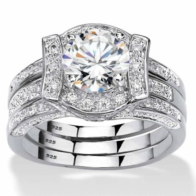 2.37 Cttw. Cubic Zirconia Platinum-plated Sterling Silver Jacket Bridal Ring Set