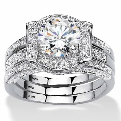 2.37 Cttw. Cubic Zirconia Platinum-plated Sterling Silver Jacket Bridal Ring Set
