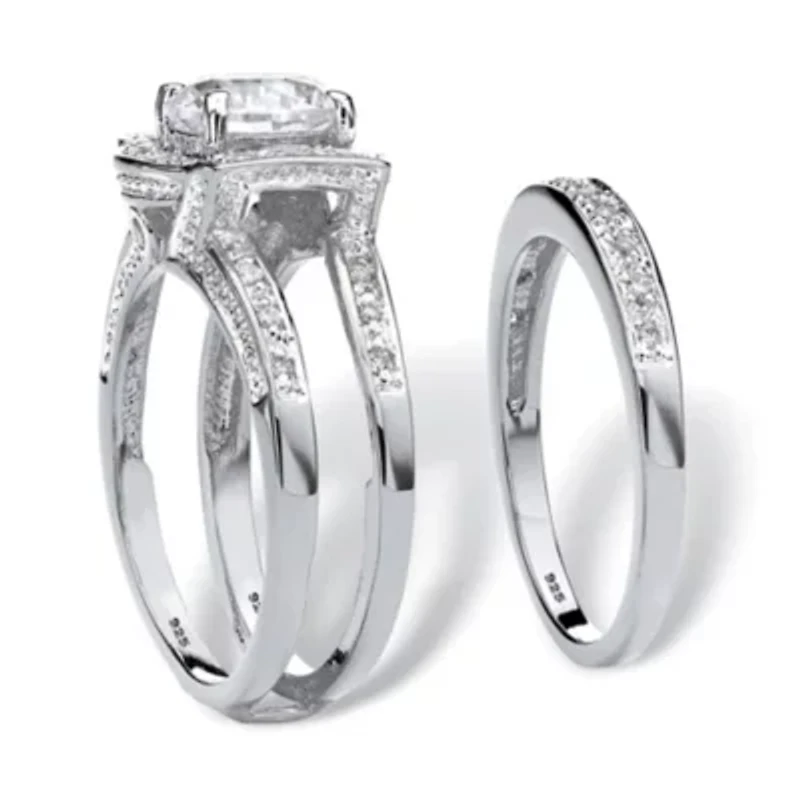 2.37 Cttw. Cubic Zirconia Platinum-plated Sterling Silver Jacket Bridal Ring Set