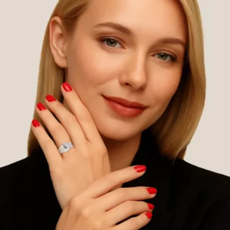 2.37 Cttw. Cubic Zirconia Platinum-plated Sterling Silver Jacket Bridal Ring Set