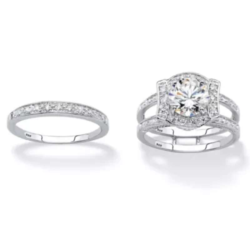 2.37 Cttw. Cubic Zirconia Platinum-plated Sterling Silver Jacket Bridal Ring Set