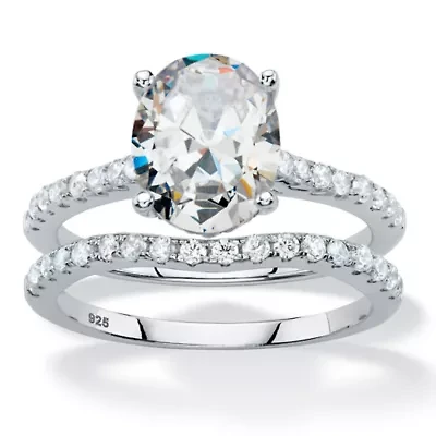 2.90 TCW Oval Cubic Zirconia Platinum-plated Silver 2-Piece Bridal Ring Set