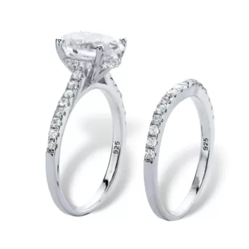2.90 TCW Oval Cubic Zirconia Platinum-plated Silver 2-Piece Bridal Ring Set